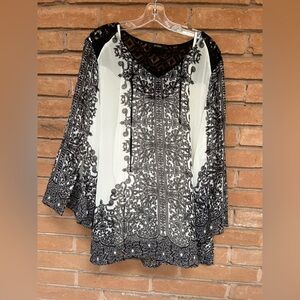 Ali Miles Shirt‎ Womens 2X Gray Black Animal Print Semi Sheer Accordion Pleat